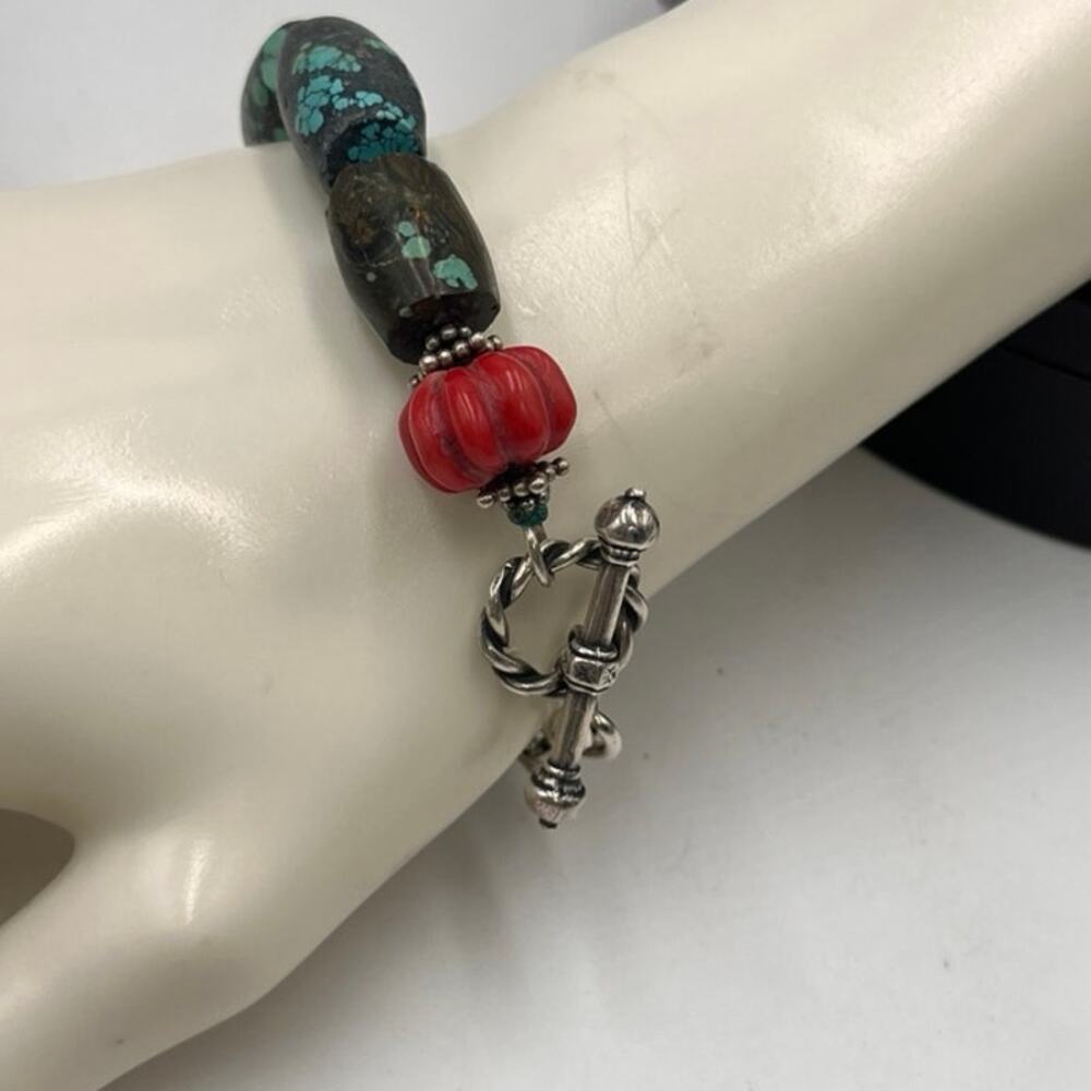 Turquoise‎ Barrel Stones and Coral Hand Knotted Sterling Silver Toggle Bracelet